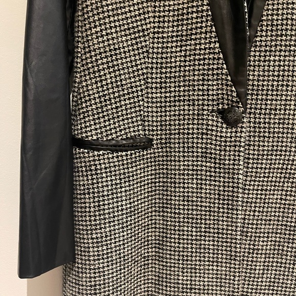Zara Basic Wool Coat Houndtooth Tweed Faux Leather Sleeves - Picture 5 of 7